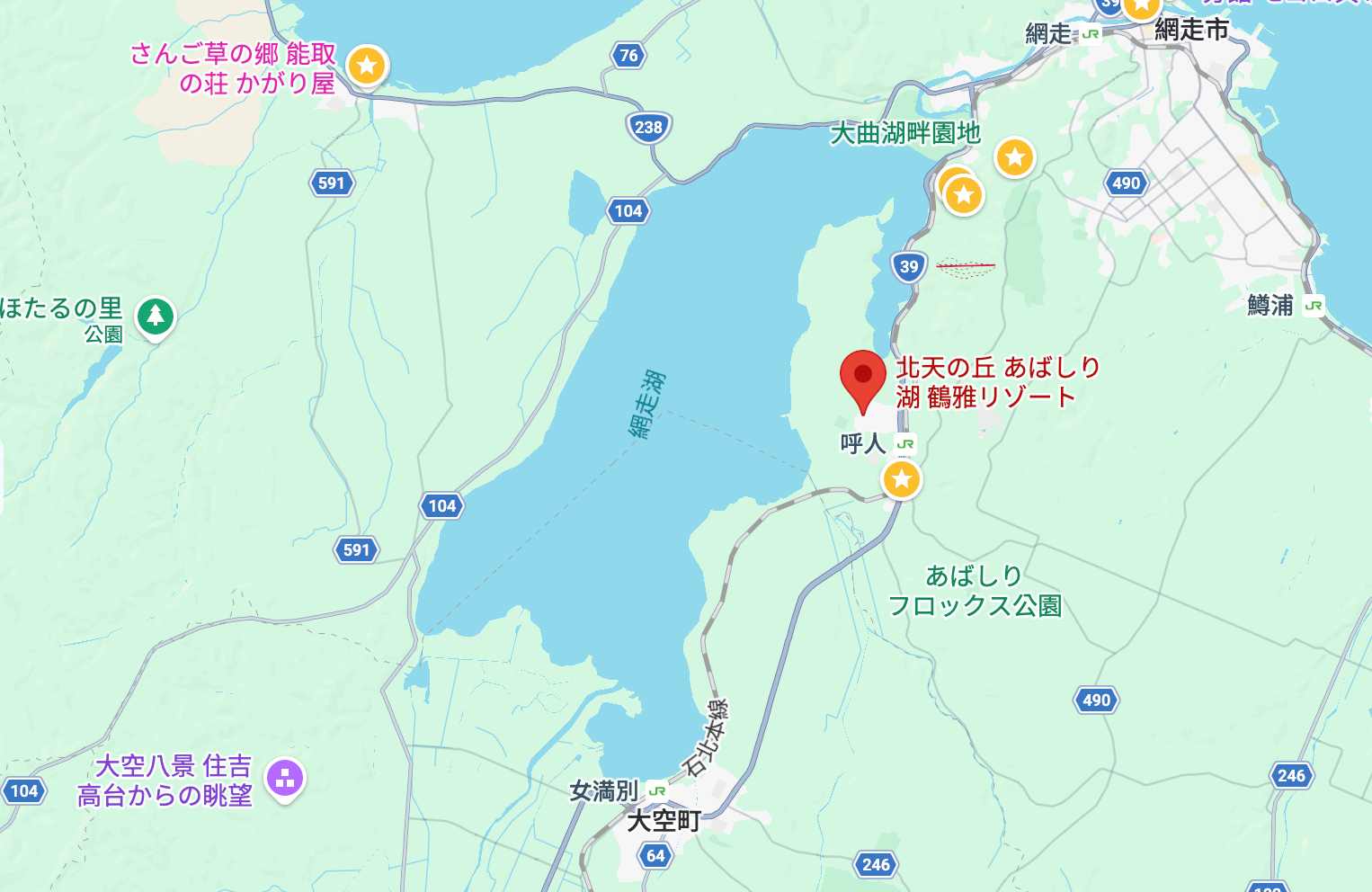 網走湖周邊的北海道道 104 號線與國道 39 號線地圖